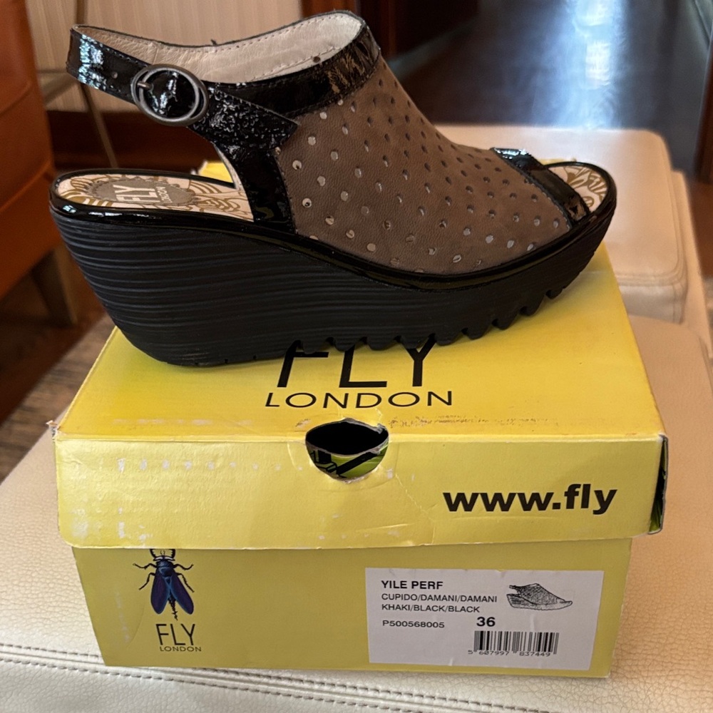 Fly London Tan and Black Wedge Shoes